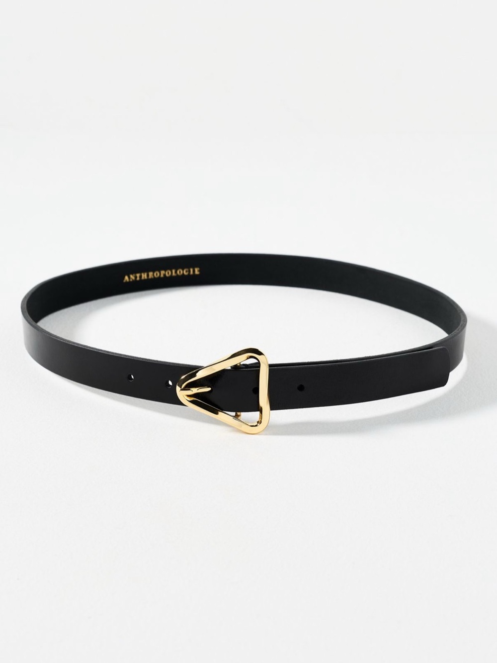 Anthropologie Black Leather Belt with Gold Triangle Buckle Accent